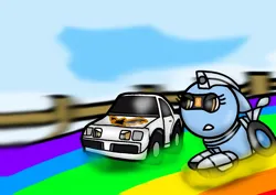 Size: 1270x900 | Tagged: safe, artist:foxfer64_yt, derpibooru import, oc, oc:silverstream (robot pony), unofficial characters only, angry, car, duo, image, jpeg, looking at each other, looking at someone, meister, race, race track, rainbow, sky