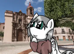 Size: 1479x1080 | Tagged: safe, artist:foxfer64_yt, derpibooru import, oc, unofficial characters only, earth pony, pony, cathedral, city, day, guanajuato, image, jpeg, looking up, pointing at self, solo
