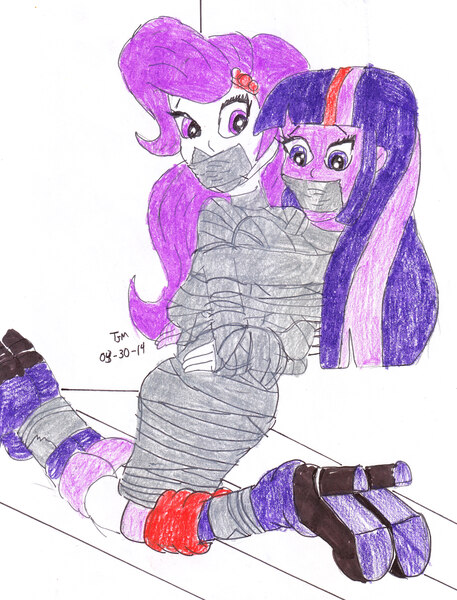 Size: 2353x3086 | Tagged: suggestive, artist:godzilla713, derpibooru import, rarity, twilight sparkle, human, equestria girls, bondage, clothes, duct tape, duo, female, g4, gag, high heels, image, jpeg, legs, mummification, mummified, reupload, shoes, simple background, tape, tape gag, traditional art, white background