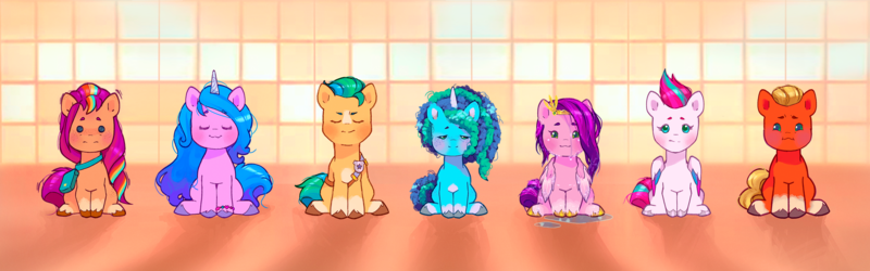 Size: 5372x1680 | Tagged: safe, artist:frank3dz, derpibooru import, hitch trailblazer, izzy moonbow, pipp petals, sprout cloverleaf, sunny starscout, zipp storm, earth pony, pegasus, pony, unicorn, g5, applejack (g5), chibi, cute, eyes closed, female, fluttershy (g5), high res, horn, image, lidded eyes, looking at you, male, mane five, mane six (g5), mare, misty brightdawn, pinkie pie (g5), png, rainbow dash (g5), rarity (g5), shivering, sitting, smiling, smiling at you, stallion, twilight sparkle (g5), wet, wet mane