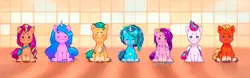 Size: 5372x1680 | Tagged: safe, artist:frank3dz, derpibooru import, hitch trailblazer, izzy moonbow, pipp petals, sprout cloverleaf, sunny starscout, zipp storm, earth pony, pegasus, pony, unicorn, g5, applejack (g5), chibi, cute, eyes closed, female, fluttershy (g5), high res, horn, image, lidded eyes, looking at you, male, mane five, mane six (g5), mare, misty brightdawn, pinkie pie (g5), png, rainbow dash (g5), rarity (g5), shivering, sitting, smiling, smiling at you, stallion, twilight sparkle (g5), wet, wet mane