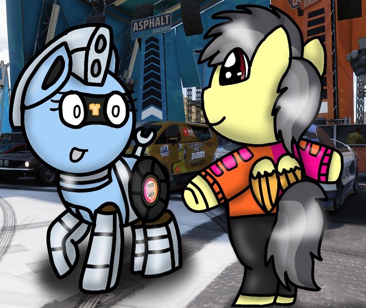 Size: 1278x1075 | Tagged: safe, artist:foxfer64_yt, derpibooru import, oc, oc:silverstream (robot pony), oc:thunder (fl), unofficial characters only, pegasus, pony, amazed, bipedal, clothes, duo, image, jpeg, jumper, looking at each other, looking at someone, smiling