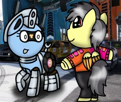 Size: 1278x1075 | Tagged: safe, artist:foxfer64_yt, derpibooru import, oc, oc:silverstream (robot pony), oc:thunder (fl), unofficial characters only, pegasus, pony, amazed, bipedal, clothes, duo, image, jpeg, jumper, looking at each other, looking at someone, smiling