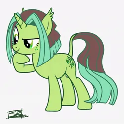 Size: 950x950 | Tagged: safe, artist:ubiquitousdeer, derpibooru import, oc, oc:emerald evergreen, unofficial characters only, pony, unicorn, ear tufts, eyebrows, eyelashes, female, freckles, green coat, green eyes, hoof under chin, horn, image, jpeg, leonine tail, long tail, mare, raised eyebrow, raised hoof, show accurate, signature, simple background, smiling, solo, straight mane, straight tail, tail, two toned mane, two toned tail, unicorn horn, unicorn oc, white background, wingding eyes