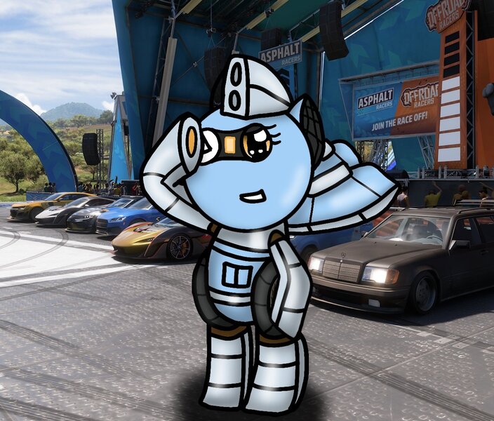 Size: 1267x1080 | Tagged: safe, artist:foxfer64_yt, derpibooru import, oc, oc:silverstream (robot pony), unofficial characters only, pony, robot, robot pony, car, image, jetpack, jpeg, one eye closed, salute, solo, wings, wink
