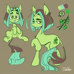 Size: 2048x2048 | Tagged: safe, artist:ubiquitousdeer, derpibooru import, oc, oc:emerald evergreen, unofficial characters only, pony, unicorn, chest fluff, color palette, duality, ear tufts, eyelashes, female, freckles, gray background, green coat, green eyes, high res, horn, image, jpeg, leg fluff, leonine tail, lidded eyes, long legs, long tail, looking back, mare, raised hoof, raised hooves, reference sheet, signature, simple background, sitting, smiling, solo, standing, straight mane, straight tail, tail, thick eyebrows, unicorn horn, unicorn oc, wingding eyes