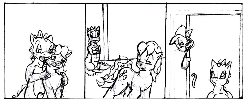 Size: 1081x439 | Tagged: safe, artist:asuraludu, derpibooru import, spike (g1), whimsey weatherbe, dragon, earth pony, pony, g1, g3, 2010, 3 panel comic, baby lickety-split, black and white, bow, comic, door, female, filly, foal, g3.5, generation leap, generational ponidox, grayscale, image, indoors, infidelity, jpeg, lidded eyes, male, monochrome, open mouth, shipping, tail, tail bow, text, traditional art, wip