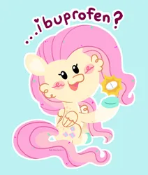 Size: 2200x2600 | Tagged: safe, artist:pink-pone, derpibooru import, fluttershy, pony, blue background, chibi, ibuprofen, image, pill, png, simple background, solo