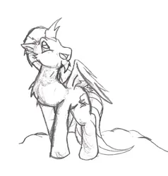 Size: 867x910 | Tagged: safe, artist:asuraludu, derpibooru import, oc, oc:dreamcatcher, unofficial characters only, pegasus, pony, 2013, chest fluff, cloud, grayscale, image, jpeg, looking up, male, monochrome, on a cloud, open mouth, open smile, pencil drawing, smiling, solo, stallion, tail, traditional art