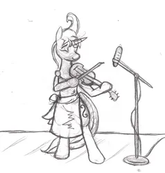 Size: 867x910 | Tagged: safe, artist:asuraludu, derpibooru import, oc, oc:viola strum, unofficial characters only, pony, semi-anthro, unicorn, 2013, bow (instrument), eyes closed, female, grayscale, horn, image, jpeg, mare, microphone, microphone stand, monochrome, musical instrument, playing instrument, smiling, solo, tail, traditional art, viola