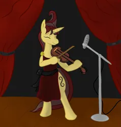 Size: 867x910 | Tagged: safe, artist:asuraludu, artist:theaubri, derpibooru import, oc, oc:viola strum, unofficial characters only, pony, semi-anthro, unicorn, 2013, bipedal, bow (instrument), collaboration, curtains, eyes closed, female, horn, image, mare, microphone, microphone stand, musical instrument, playing instrument, png, smiling, solo, stage, tail, viola