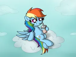 Size: 4089x3079 | Tagged: safe, artist:background basset, derpibooru import, rainbow dash, pegasus, pony, cloud, cup, drink, drinking, drinking straw, g4, image, png, sitting, sky, solo