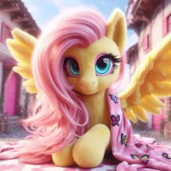 Size: 1024x1024 | Tagged: safe, ai content, machine learning generated, ponerpics import, ponybooru import, fluttershy, pegasus, pony, bing, blanket, female, fluffy, image, jpeg, looking at you, mare, ponyville, solo, spread wings, wings