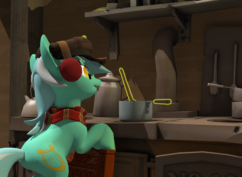 Size: 2366x1728 | Tagged: safe, artist:xafilah, derpibooru import, lyra heartstrings, pony, unicorn, 3d, clothes, cooking, earmuffs, gmod, horn, image, magic, png, pot, scarf, solo, source filmmaker, stove, telekinesis, tongue out