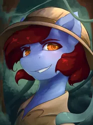 Size: 1560x2100 | Tagged: safe, artist:princess_rari, derpibooru import, oc, oc:jungle trek, unofficial characters only, pony, equestria at war mod, bust, forest, image, jungle, male, nature, orange eyes, png, smiling, solo, stallion, tree