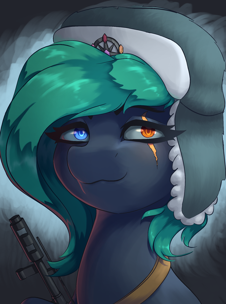 Size: 1560x2100 | Tagged: safe, artist:princess_rari, derpibooru import, oc, oc:colour field, unofficial characters only, earth pony, pony, earth pony oc, green hair, gun, hat, heterochromia, image, png, scar, solo, ushanka, weapon