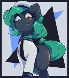 Size: 1774x2000 | Tagged: safe, artist:princess_rari, derpibooru import, oc, oc:colour field, unofficial characters only, earth pony, clothes, earth pony oc, eyebrows, eyebrows visible through hair, green hair, hat, heterochromia, image, png, scar, shrunken pupils, simple background, smiling, solo