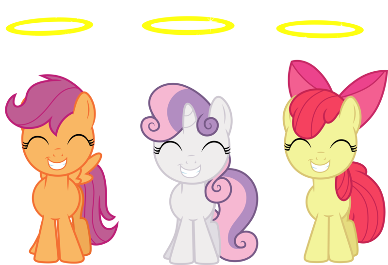 Size: 4384x3000 | Tagged: safe, artist:cloudy glow, derpibooru import, apple bloom, scootaloo, sweetie belle, earth pony, pegasus, pony, unicorn, .ai available, angel, cutie mark crusaders, eyes closed, female, filly, foal, g4, halo, horn, image, png, simple background, smiling, transparent background, vector