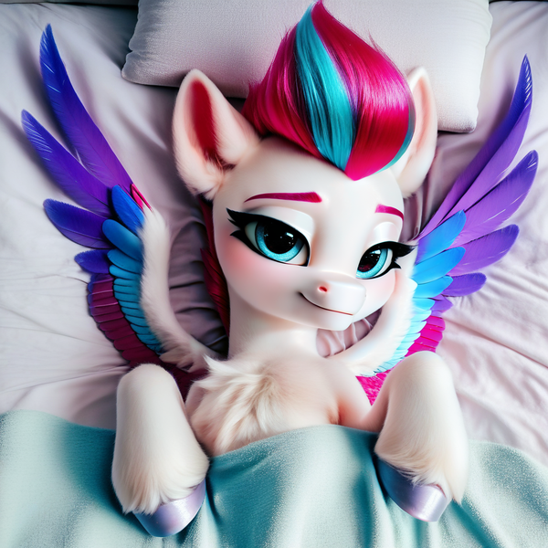 Size: 1024x1024 | Tagged: safe, ai content, derpibooru import, machine learning generated, zipp storm, pegasus, pony, g5, my little pony: a new generation, awake, beautiful, beautiful eyes, bed, bedroom eyes, blanket, chest fluff, colored wings, female, fluffy, good morning, image, indoors, laying on bed, light blue eyes, long eyelashes, looking at you, lying down, mare, morning, multicolored hair, multicolored wings, on back, on bed, pillow, png, silver hooves, smiling, smiling at you, solo, solo female, spread wings, teenage zipp storm, teenager, wings