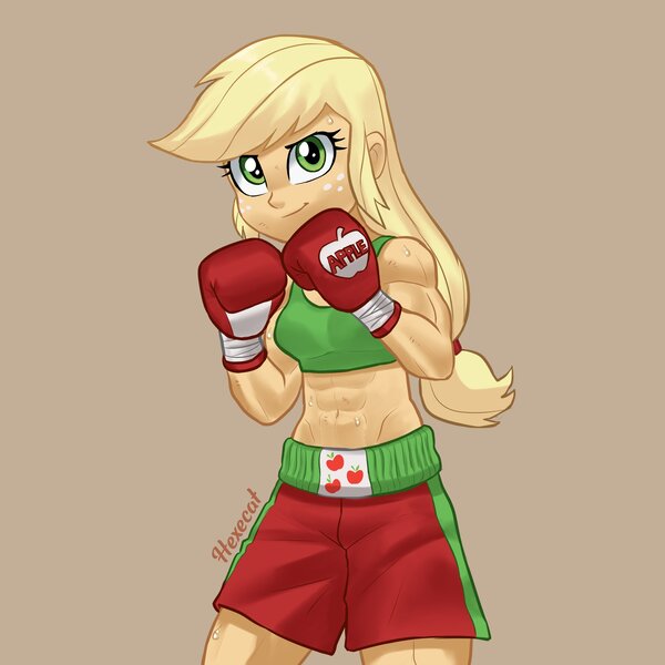 Size: 2048x2048 | Tagged: safe, artist:dbz619, artist:hexecat, derpibooru import, applejack, human, equestria girls, abs, boxer, boxing gloves, bra, clothes, female, g4, image, jpeg, shorts, solo, underwear