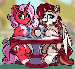 Size: 1134x1045 | Tagged: safe, artist:notetaker, derpibooru import, oc, oc:cherry heart, oc:cherryheart, unofficial characters only, pegasus, pony, unicorn, blurry background, cherry, duo, female, food, horn, ice cream, image, mare, outdoors, png, sitting, stool, sundae, table