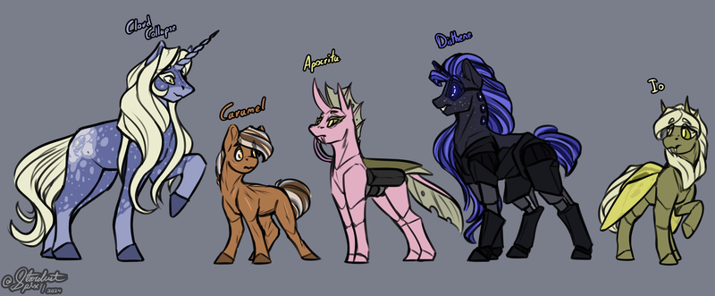 Size: 5800x2400 | Tagged: safe, artist:stardustspix, derpibooru import, oc, oc:apocrita, oc:caramel, oc:cloud collapse, oc:disthene, oc:io, unofficial characters only, changeling, cyborg, earth pony, insect, moth, mothling, original species, pony, unicorn, amputee, coat markings, colored eyebrows, colored eyelashes, earth pony oc, eyebrows, eyebrows visible through hair, female, freckles, high res, horn, image, male, mare, png, prosthetic eye, prosthetic leg, prosthetic limb, prosthetics, simple background, size difference, species swap, stallion
