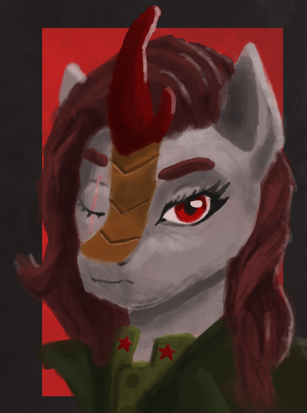 Size: 1487x2000 | Tagged: safe, artist:s3r4ph1n3, derpibooru import, oc, oc:partisan hush, kirin, equestria at war mod, bust, clothes, communism, fatigues, gray coat, horn, image, kirin oc, looking at you, military, military pony, military uniform, one eye closed, painted, png, portrait, red eyes, red horn, red mane, simple background, stalliongrad, uniform