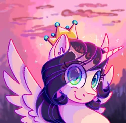 Size: 1142x1112 | Tagged: safe, artist:singingsun, derpibooru import, oc, alicorn, pony, crown, female, image, jewelry, png, regalia, solo, sunset