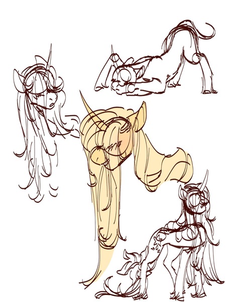 Size: 1536x2048 | Tagged: safe, artist:rare-apples, derpibooru import, oc, unofficial characters only, pony, unicorn, 2d, bent over, different angle, digital art, female, horn, image, jpeg, mare, monochrome, sketch, sketch dump, smiling, solo