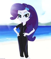 Size: 1414x1631 | Tagged: safe, artist:stephen-fisher, derpibooru import, rarity, human, equestria girls, beach, clothes, female, g4, image, ocean, png, solo, swimsuit, water