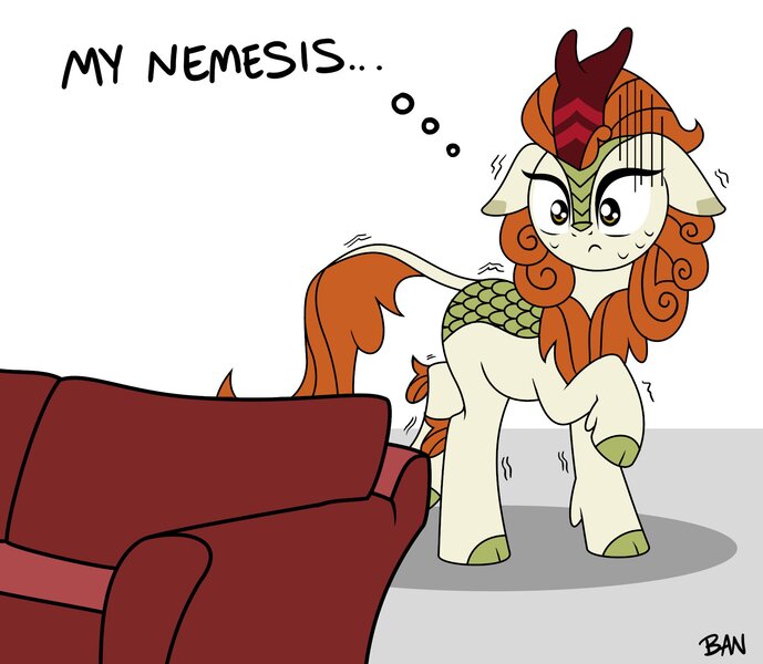 Size: 1899x1653 | Tagged: safe, artist:banquo0, derpibooru import, autumn blaze, kirin, couch, female, frown, image, jpeg, raised hoof, scared, shivering, solo, sweat, sweatdrops, text, thought bubble