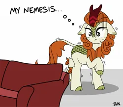Size: 1899x1653 | Tagged: safe, artist:banquo0, derpibooru import, autumn blaze, kirin, couch, female, frown, image, jpeg, raised hoof, scared, shivering, solo, sweat, sweatdrops, text, thought bubble