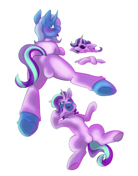 Size: 2200x2800 | Tagged: suggestive, artist:aero_moon, derpibooru import, starlight glimmer, trixie, pony, unicorn, blushing, bodysuit, clothes, commission, costume, crotch bulge, disguise, featureless crotch, female, fetish, g4, horn, image, impersonating, inanimate tf, looking at you, lying down, mare, mask, masking, png, pony costume, ponysuit, shading, simple background, skinsuit, solo, spread legs, spreading, starlight glimmer suit, story included, stretching, sweat, tongue out, transformation, transparent background, underhoof, your character here