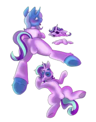 Size: 2200x2800 | Tagged: suggestive, artist:aero_moon, derpibooru import, starlight glimmer, trixie, pony, unicorn, blushing, bodysuit, clothes, commission, costume, crotch bulge, disguise, featureless crotch, female, fetish, g4, horn, image, impersonating, inanimate tf, looking at you, lying down, mare, mask, masking, png, pony costume, ponysuit, shading, simple background, skinsuit, solo, spread legs, spreading, starlight glimmer suit, story included, stretching, sweat, tongue out, transformation, transparent background, underhoof, your character here