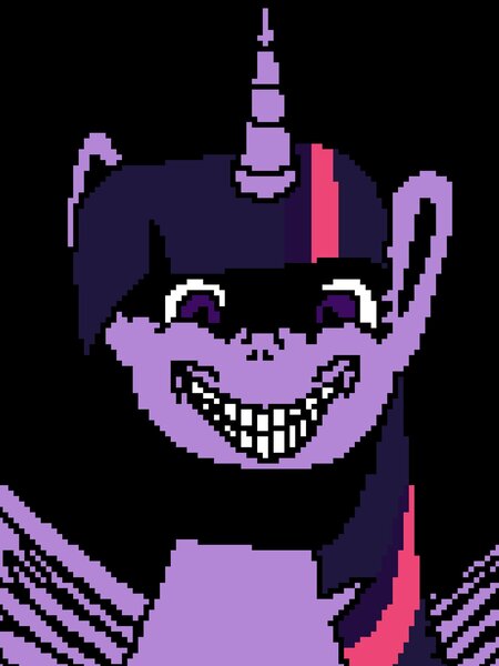 Size: 1536x2048 | Tagged: safe, alternate version, artist:enterusxrname, derpibooru import, twilight sparkle, twilight sparkle (alicorn), alicorn, pony, creepy, creepy smile, dark, g4, image, insanity, jpeg, pixel art, smiling, solo, twilight snapple, xk-class end-of-the-world scenario