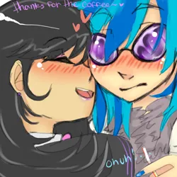 Size: 600x600 | Tagged: artist needed, safe, derpibooru import, octavia melody, vinyl scratch, human, blushing, bowtie, female, g4, glasses, heart, humanized, image, lesbian, png, scratchtavia, shipping
