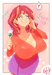 Size: 1400x2000 | Tagged: dead source, safe, artist:sozglitch, derpibooru import, sunset shimmer, big breasts, breasts, busty sunset shimmer, chewing, cleavage, clothes, dango, eating, food, image, joyful, jpeg, long sleeved shirt, long sleeves, miniskirt, redhead, shirt, skirt, smiling, wide hips, yummy