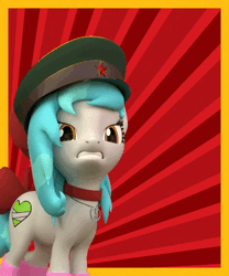 Size: 1080x1296 | Tagged: safe, artist:the luna fan, derpibooru import, oc, oc:sweet elis, 3d, angry, animated, clothes, communism, fierce, hat, image, looking at you, peace symbol, socks, webm