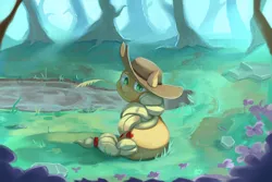 Size: 6000x4000 | Tagged: safe, artist:luanbang, derpibooru import, applejack, earth pony, pony, friendship is magic, atmosphere, cloud, cloudy, detailed background, flower, forest, forest background, g4, grass, image, jpeg, nature, pond, soft color, solo, tree, water
