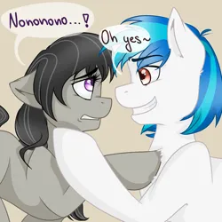 Size: 1280x1280 | Tagged: artist needed, safe, derpibooru import, octavia melody, vinyl scratch, female, g4, image, lesbian, looking at each other, looking at someone, png, red eyes, rule 63, scratchtavia, shipping, simple background, speech bubble