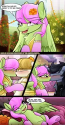 Size: 2100x4036 | Tagged: safe, artist:andaluce, derpibooru import, merry may, oc, oc:sunny northfleet, oc:trent, pegasus, pony, unicorn, bed, bisexual, blushing, chest fluff, clothes, collar, comic, dress, eyebrows, eyebrows visible through hair, eyes closed, female, flower, flower in hair, frog (hoof), garden, horn, image, jacket, jewelry, kissing, lesbian, lying down, male, mare, on back, png, smiling, socks, speech bubble, spiked collar, spread wings, spring, stallion, underhoof, wings