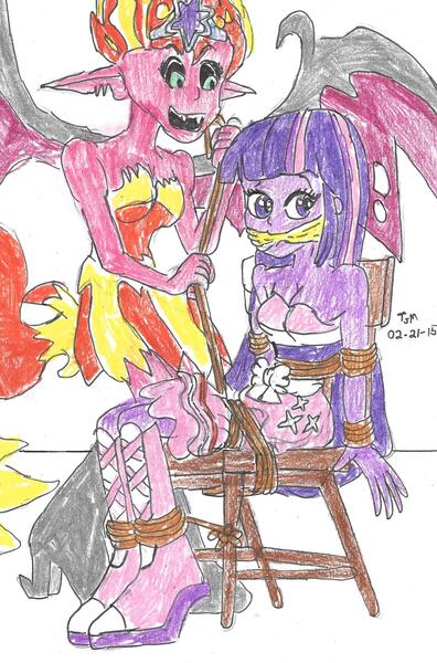 Size: 1319x1996 | Tagged: safe, artist:godzilla713, derpibooru import, sunset shimmer, twilight sparkle, demon, human, equestria girls, bare shoulders, big crown thingy, chair, cloth gag, duo, element of magic, fall formal outfits, female, g4, gag, image, jewelry, jpeg, kidnapped, my little pony equestria girls, regalia, rope, spread wings, sunset satan, tied to chair, traditional art, wings