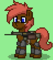 Size: 386x432 | Tagged: safe, artist:blackblade360, derpibooru import, oc, oc:stone wave, earth pony, pony, fallout equestria, apocalypse, armor, armored pony, ashes town, battle saddle, blue eyes, brown coat, earth pony oc, gun, image, male, pixel art, png, red hair, red mane, scar, solo, stallion, standing, weapon