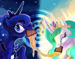 Size: 2048x1609 | Tagged: safe, artist:chipchapp, derpibooru import, princess celestia, princess luna, alicorn, pony, blue coat, blue eyes, blue mane, cheese, crown, curved horn, day, duo, duo female, ethereal mane, eyelashes, eyes closed, female, food, g4, grilled cheese, horn, image, jewelry, jpeg, lidded eyes, looking back, looking up, mare, multicolored mane, night, outline, peytral, profile, raised hoof, raised hooves, regalia, royal sisters, sharing food, siblings, sisters, sky background, smiling, sparkles, spiral background, starry coat, starry mane, stars, tiara, two toned mane, unicorn horn, white coat, wingding eyes