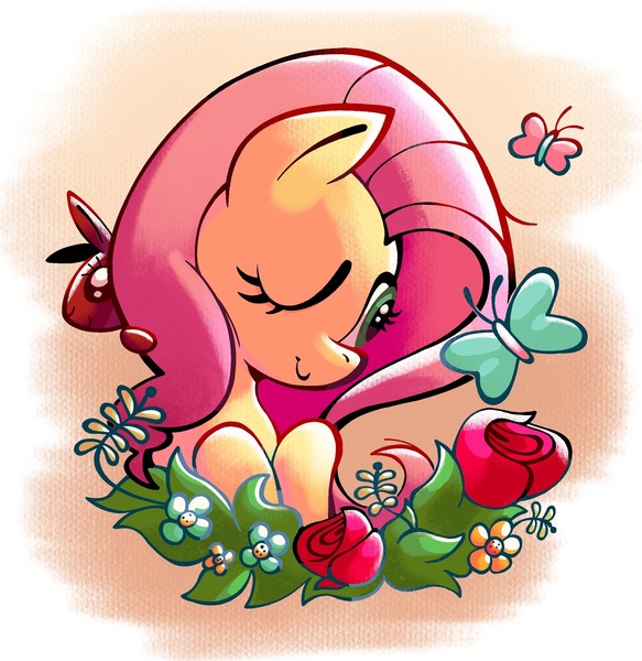 Size: 1989x2048 | Tagged: safe, artist:chipchapp, derpibooru import, fluttershy, butterfly, insect, pegasus, pony, rabbit, abstract background, animal, backlighting, big ears, big eyes, cute, eyelashes, female, flower, g4, image, jpeg, long mane, looking at something, mare, one eye closed, pink mane, raised hoof, raised hooves, rose, shiny mane, shyabetes, solo, teal eyes, wavy mane, wingding eyes, yellow coat