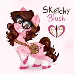 Size: 2000x2000 | Tagged: safe, artist:soniana_draws, derpibooru import, oc, oc:sketchy blush, earth pony, pony, g5, bag, chest fluff, coat markings, cutie mark, ear piercing, earring, female, freckles, glasses, image, jewelry, mare, piercing, pins, png, ponysona, raised hoof, smiling, socks (coat marking), unshorn fetlocks