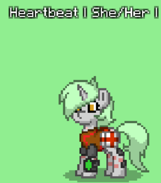 Size: 713x813 | Tagged: safe, artist:blackblade360, derpibooru import, oc, oc:heartbeat, unofficial characters only, pony, unicorn, fallout equestria, armor, armored pony, ashes town, bag, cyan mane, eyelashes, female, gray coat, green background, horn, image, mare, medical saddlebag, pipbuck, pixel art, png, scar, simple background, solo, standing, title card, unicorn oc, yellow eyes