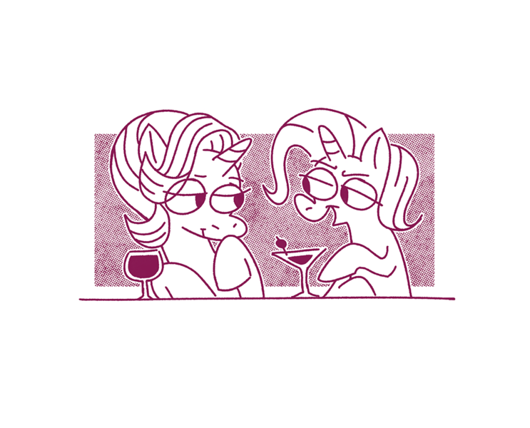 Size: 1000x808 | Tagged: safe, artist:horsewizardart, derpibooru import, starlight glimmer, trixie, pony, unicorn, alcohol, duo, duo female, eye clipping through hair, female, floating eyebrows, g4, glass, halftone, horn, image, lesbian, lidded eyes, limited palette, looking at each other, looking at someone, mare, monochrome, open mouth, open smile, passepartout, png, raised hoof, redscale, shipping, simple background, sitting, smiling, smiling at each other, startrix, unicorn horn, white background, wine, wine glass