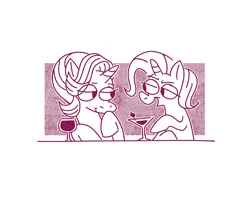 Size: 1000x808 | Tagged: safe, artist:horsewizardart, derpibooru import, starlight glimmer, trixie, pony, unicorn, alcohol, duo, duo female, eye clipping through hair, female, floating eyebrows, g4, glass, halftone, horn, image, lesbian, lidded eyes, limited palette, looking at each other, looking at someone, mare, monochrome, open mouth, open smile, passepartout, png, raised hoof, redscale, shipping, simple background, sitting, smiling, smiling at each other, startrix, unicorn horn, white background, wine, wine glass