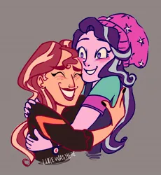 Size: 1508x1639 | Tagged: safe, artist:liviedoesart, derpibooru import, starlight glimmer, sunset shimmer, human, equestria girls, beanie, bust, duo, female, g4, gray background, hat, hug, image, jpeg, lesbian, redraw, ship:shimmerglimmer, shipping, simple background, smiling
